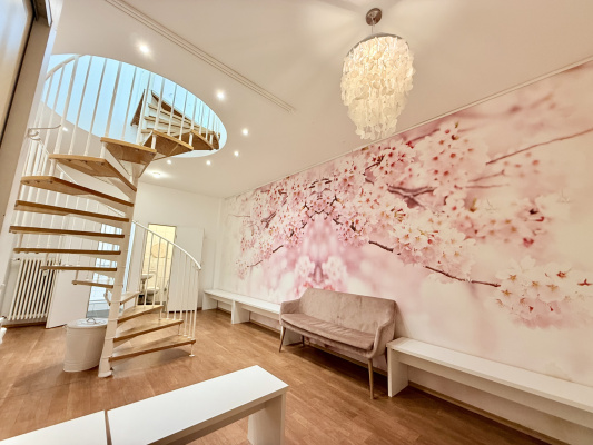 Helle Damenumkleide mit rosa Kirschblüten-Fototapete in der Tanzschule und Ballettschule NAF DANCE Köln